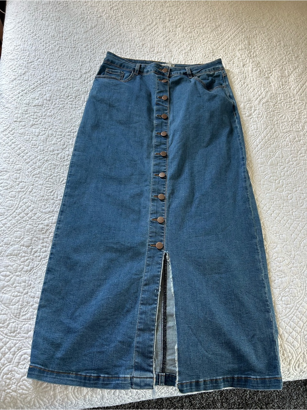 Button-Front Dark Blue Denim Maxi Skirt